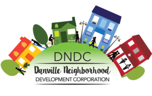Colorful houses around a green hill with text “DNDC Danville Neighborhood Development Corporation.”
