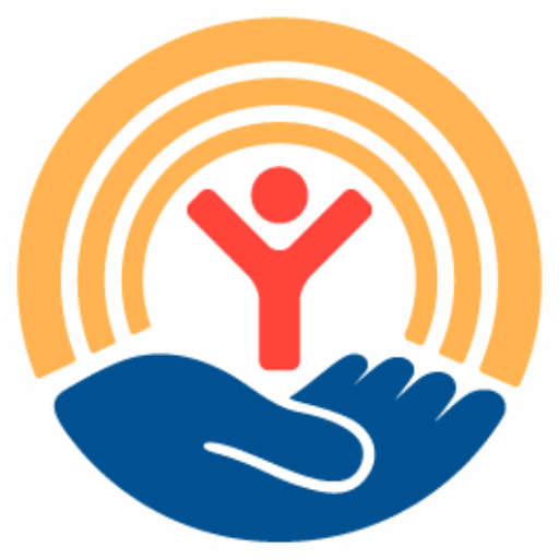 United Way symbol featuring red person, orange rainbow, and blue hand.