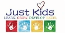 Colorful handprints with text “Just Kids – Learn. Grow. Develop. Excel.” and heart symbol above.