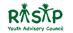 Green stick figures forming the word “RASAP” with text “Youth Advisory Council” underneath