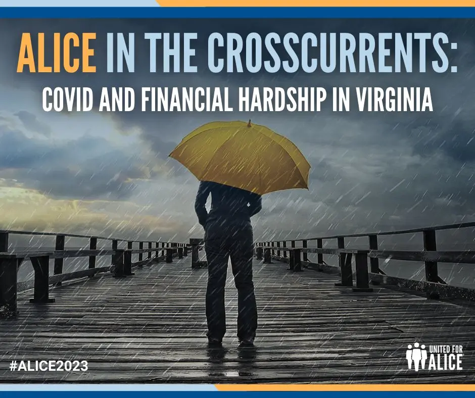 Person stands on a rainy pier holding yellow umbrella with title “ALICE in the Crosscurrents: COVID and Financial Hardship in Virginia.”