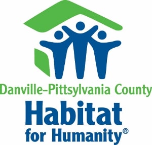 Habitat for Humanity logo with three blue figures under green roof, Danville-Pittsylvania County text above.