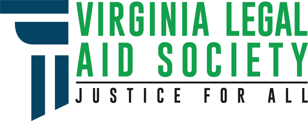 Virginia Legal Aid Society logo with green text "Justice for All" and stylized blue column graphic.