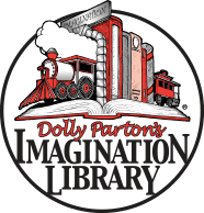 Logo for Dolly Parton’s Imagination Library featuring a red train and stack of books