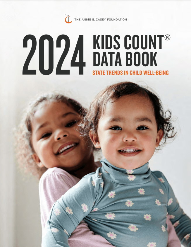 Cover of 2024 Kids Count Data Book showing two smiling young children hugging.