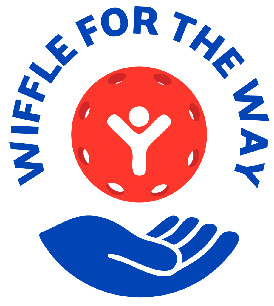 Wiffle for the Way logo with a red wiffle ball and a blue hand beneath.