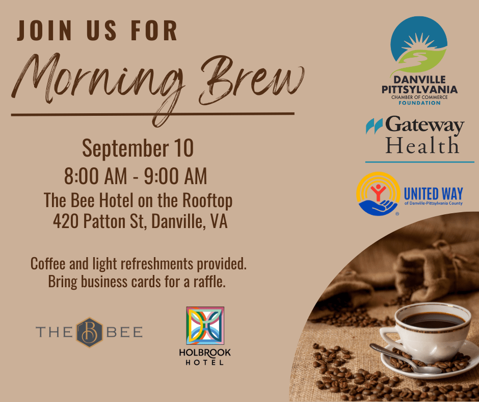 Flyer promoting Morning Brew networking event on September 10 at The Bee Hotel rooftop in Danville, Virginia.