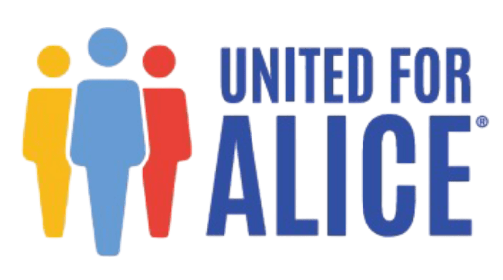 United For ALICE logo with three stylized human figures in yellow, blue, and red beside blue text.