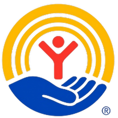Blue hand cradling a red figure beneath yellow arcs, United Way logo.