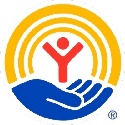 Blue hand holding red figure under yellow arcs, United Way logo on white background.